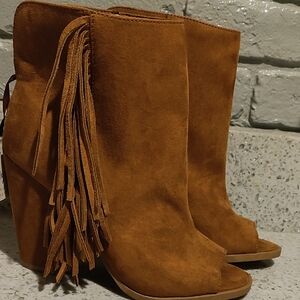 Dolce Vita Tan Suede Fringe Peep-Toe Boots